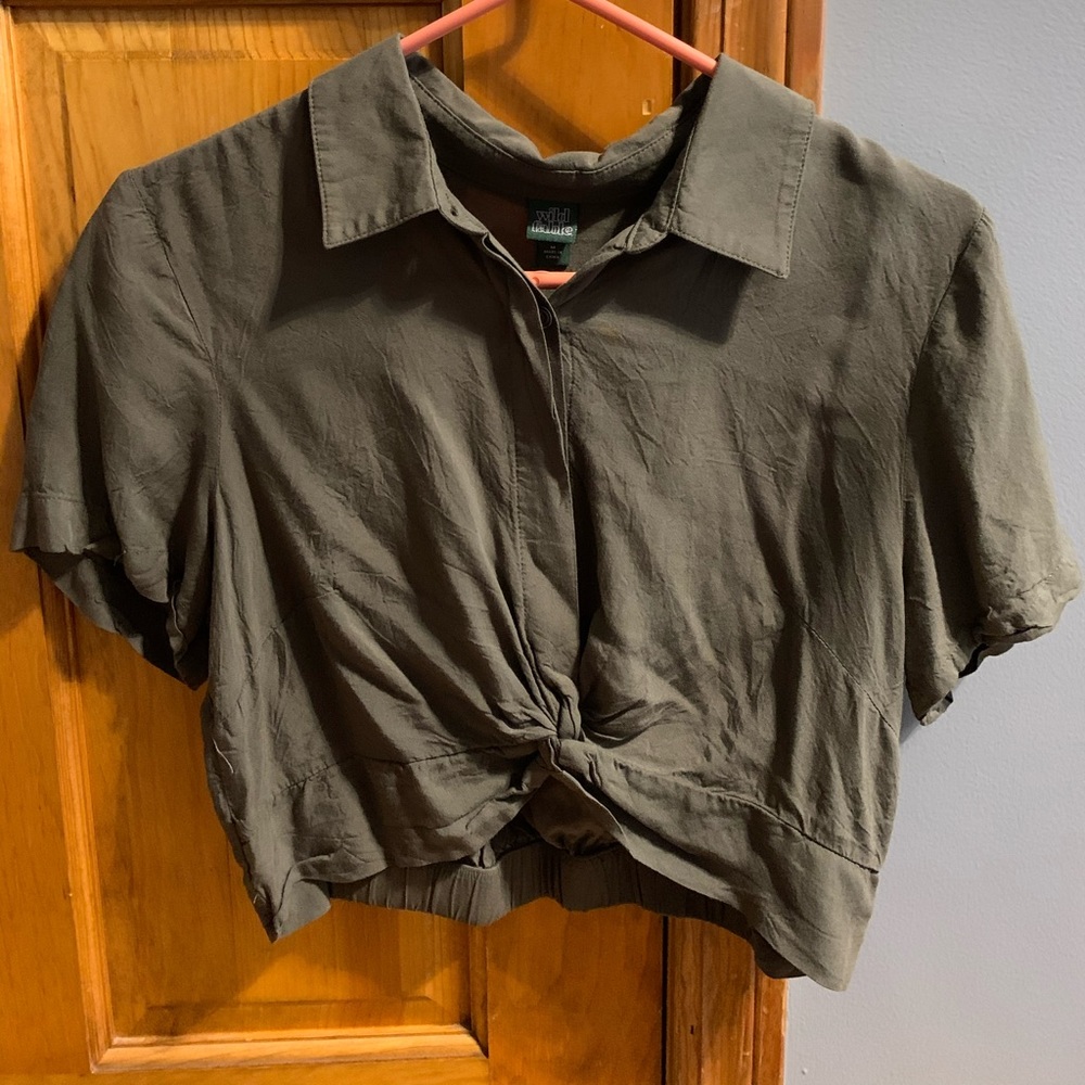 Army green cropped button up shirt